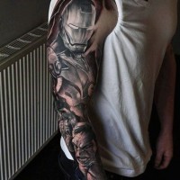 Realistic looking black and white Iron man tattoo of sleeve combined with angry Hulk