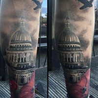 Tatuaje en el antebrazo,
edificio viejo con amapola