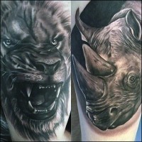 Realistic looking black and white rhino head tattoo combined with roaring lion