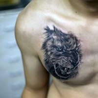 Realistic looking black and white roaring lion tattoo on chest