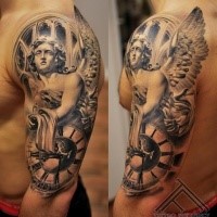 Realistic looking black and white shoulder tattoo of angel statue and clock
