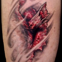 Realistic looking colored arm tattoo of ripped skin and bloody bone
