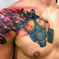 Realistic looking colored chest tattoo of big gas mask
