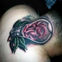 Realistic looking colored neck tattoo of bulb with rose