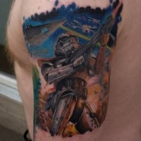 Realistic looking colored shoulder tattoo of Storm trooper with different ships