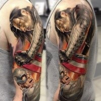 Realistic looking colored sleeve tattoo of fighting Marvel heroes