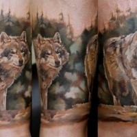 Realistic looking colored tattoo of running wolf