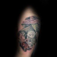 Realistic looking colored various cartoon monster tattoo on shoulder