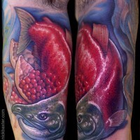 Realistic looking detailed arm tattoo of big predator fish