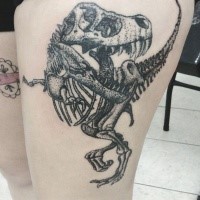 Realistic looking engraving style thigh tattoo of dinosaur skeleton