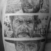 Realistic looking various western actors tattoo on shoulder