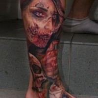 Realistic looking very detailed horror zombie nurse tattoo on leg