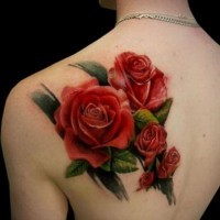Realistic natural looking colored rose flowers tattoo on shoulder