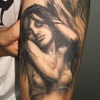 Realistic painted colored very detailed seductive woman portrait tattoo on arm area