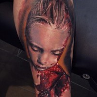 Realistic photo like colored 3D bloody girl tattoo on leg