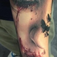 Realistic photo like colored bloody woman tattoo on sleeve