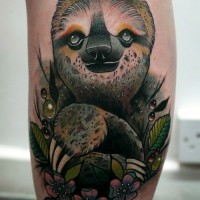 Realistic sloth and flowers tattoo