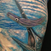 Realistic squid and swordfish tattoo