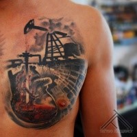 Realistic style colored oil mill tattoo on chest