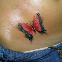 Tatuaggio colorato sulla pancia la farfalla nera rossa