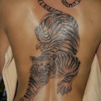 Realistic black ink tiger tattoo on the back