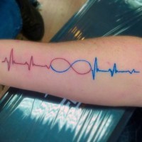 Red and blue heart rhythm stylized with infinity symbol tattoo on arm
