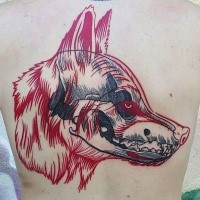 Red and gray ink work back tattoo of wolf's head with skull elements