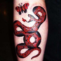 Red and black snake and butterfly tattoo