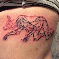 Red ink colored side tattoo of wolf with woman
