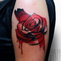 Red rose flower shoulder tattoo in original technique with bloody paint drip and red line