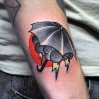 Red sun and dark rainy clouds with thunders under umbrella tattoo on arm