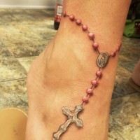 Red with white rosary ankle bracelet tattoo