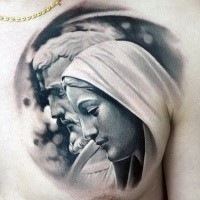 Religious style black and white chest tattoo of antic statue