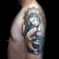 Religious style colored shoulder tattoo of saint woman with child
