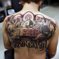 Religious themed colored The Last Supper painting tattoo on upper back with lettering