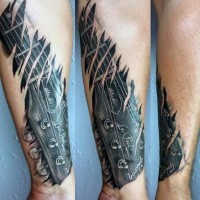 Ripped skin black and white 3D guitar tattoo on arm