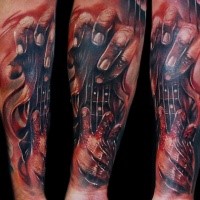 Ripped skin style colored forearm tattoo of bloody hands with guitar