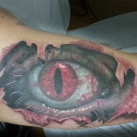 Ripped skin style multicolored dragon eye tattoo on arm