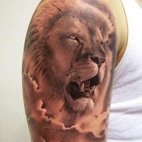 Tatuaje en el brazo, león gruñe en cielos