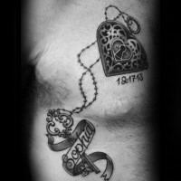 Romantic black ink memorial tattoo of heart shaped lock with key and lettering