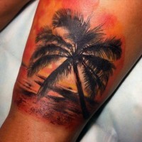 Tatuaje en la pierna, palmera sola en la playa a puesta del sol