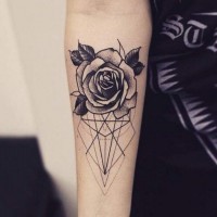 Rose flower and geometrical lines and figures forearm black and white tattoo