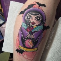 Russian doll vampire with rose tattoo on leg by Sam Whitehead