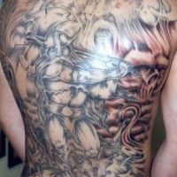 Scandinavian gods and viking with ax tattoo on back