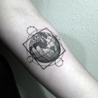 Science style black ink forearm tattoo of big planet