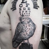 Science style black ink shoulder tattoo of big bird with letters and numbers