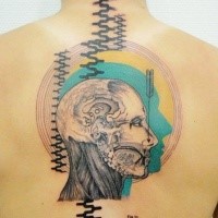 Science style colored upper back tattoo of human face with various ornaments