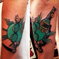 Science themed colored DNA and microscope tattoo on arm