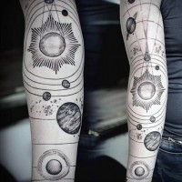 scientifico bello inchiostro nero sistema solare tatuaggio avambraccio