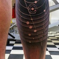Scientific style black and white solar system tattoo on leg